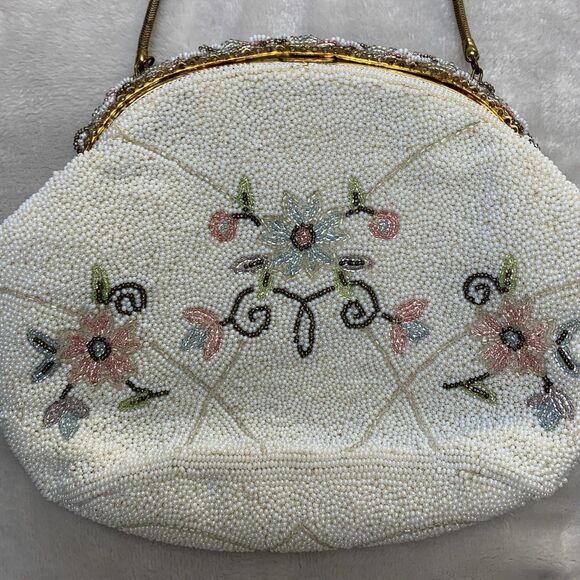 Vintage 50s Ed B. Robinson Micro Bead Handbag Made In France Floral Coquette - Picture 6 of 16